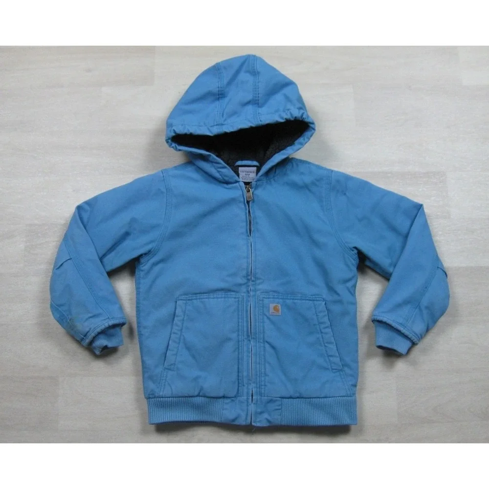 Carhartt Active Jacket Youth‎ (S) Duck Canvas Workwear Sherpa Lined Blue CP9564